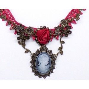 Cameo Red Rose Flower Lace Choker Necklace Earring Set Bronze Tone Metal Beads